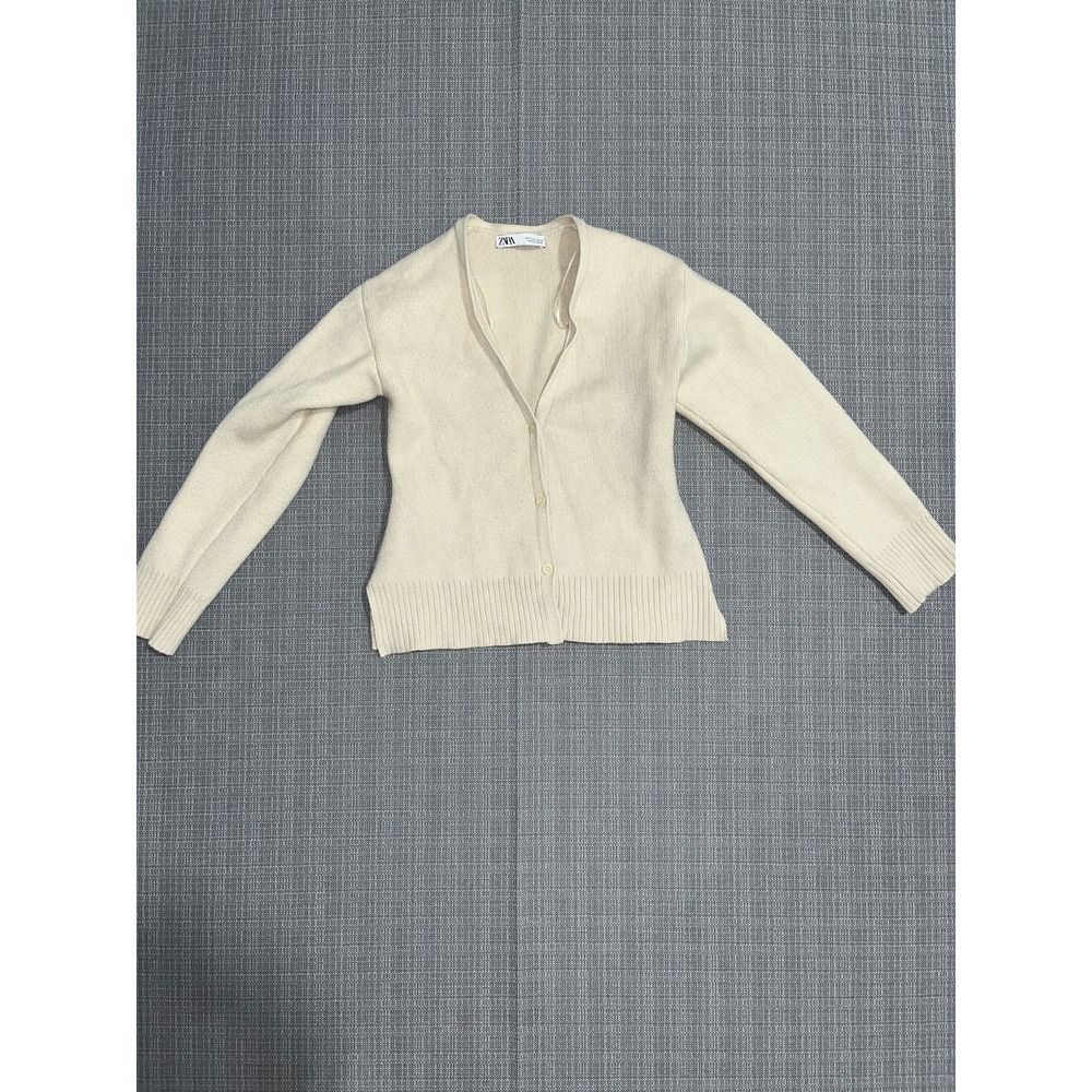 Zara Cardigan Sweater Womens Small Beige Tight Knit Ribbed Trim Plunge V Neck